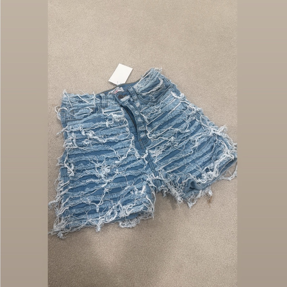 High-Rise Light Blue Distressed Denim Shorts